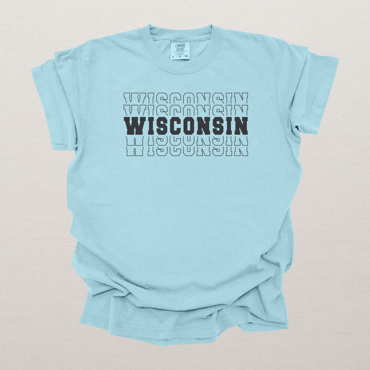 Wisconsin Varsity Echo State Shirt | Comfort Colors Black Text